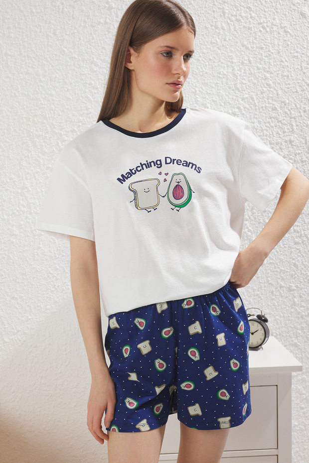 Kadın Couple/Cift Beyaz %100 Pamuklu Avokado Desenli Şortlu Örme Pijama Takımı THMSS25PT00294 - 4