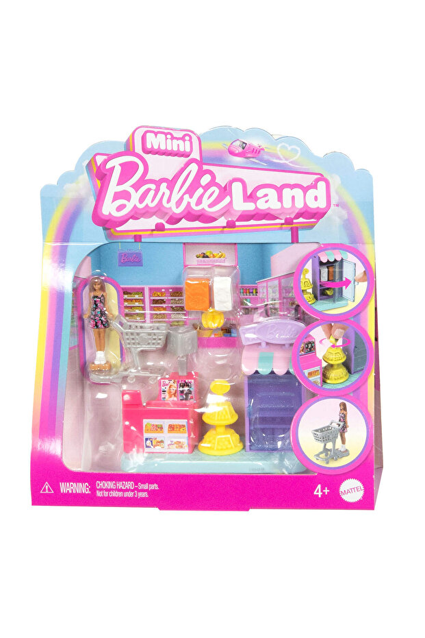 Mini BarbieLand™ Bebek ve Aksesuarlar oyun seti, 4 cm'lik Barbie bebek ile Süpermarket JCR33 - 1