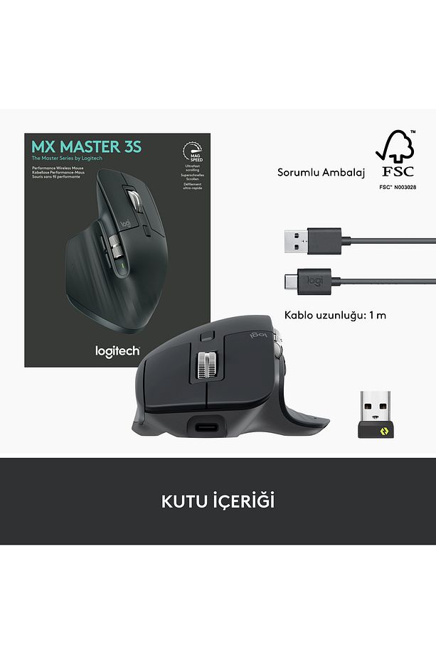 MX Master 3S Performans 8.000 DPI Optik Sensörlü Sessiz Kablosuz Mouse - Siyah 910-006559 - 11