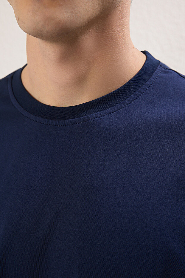 Lacivert-Bej Oversize/Geniş Kesim 2'li Paket Yazı Baskılı-Düz %100 Pamuk T-Shirt TMNSS25TS00215 - 11
