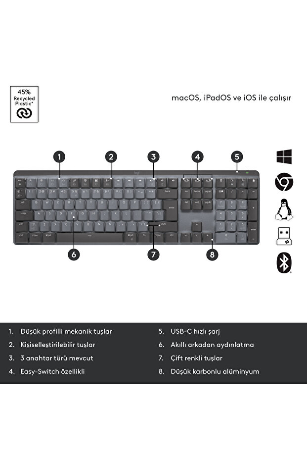 MX Mechanical Kablosuz Aydınlatmalı İngilizce Q Performans Klavyesi - Siyah - 8