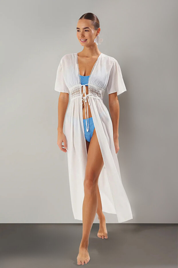 Beyaz Dokuma Dantel Maxi Plaj Kimono&Kaftan TBESS25KM00025 - 3