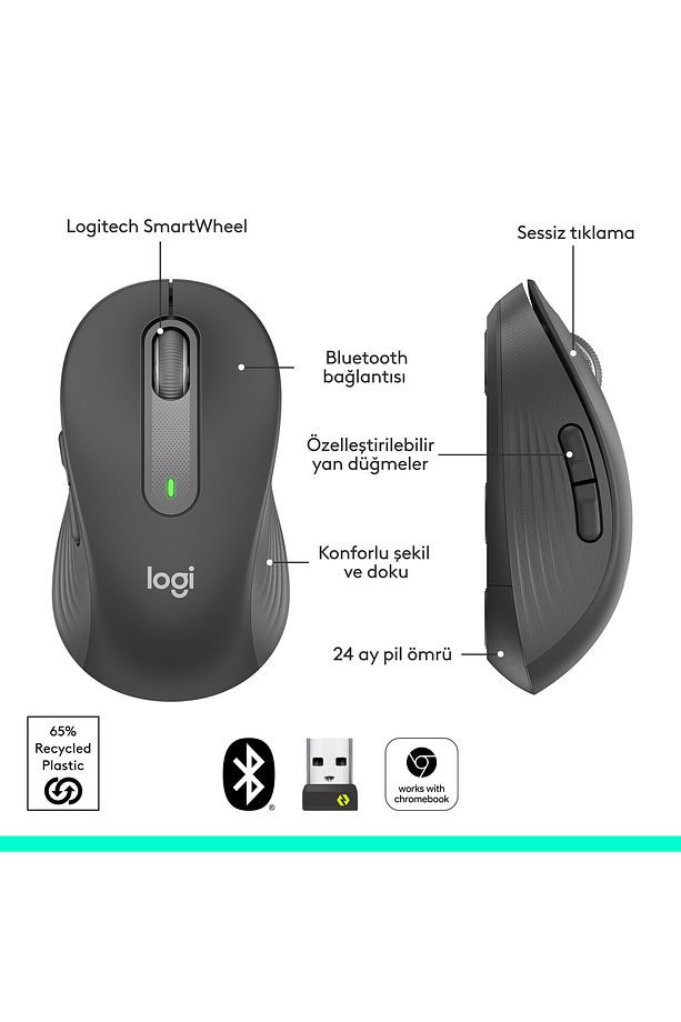 Logi Signature M650 Kablosuz Mouse, Büyük Boy Sağ El Için, Sessiz, 4000 Dpı, Bluetooth, Logi Bol - 8