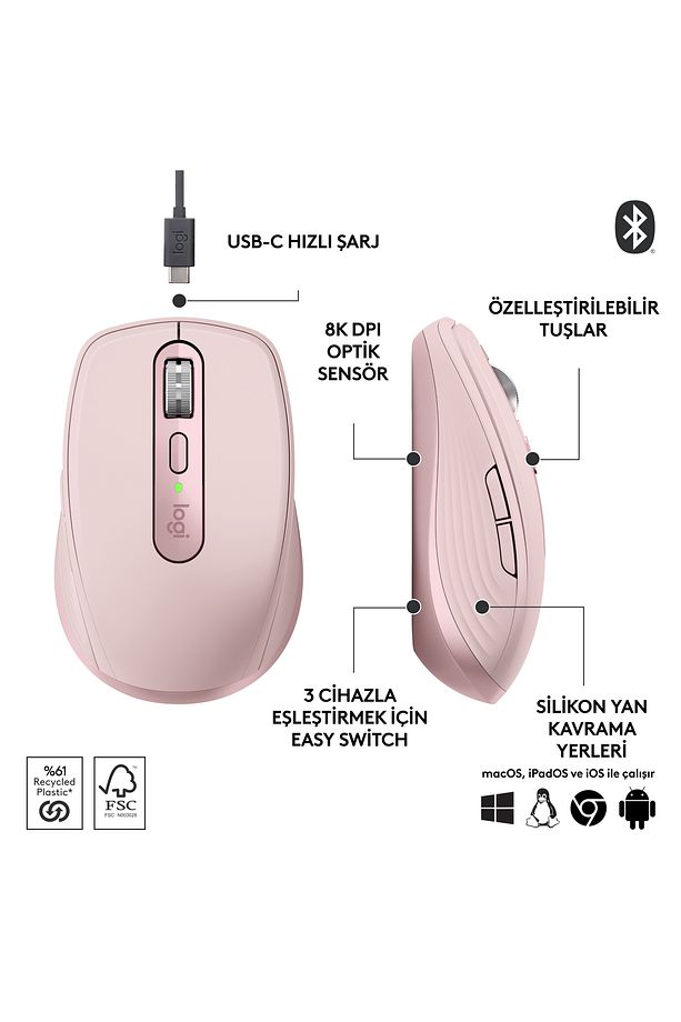 MX Anywhere 3S Kompakt 8000 DPI Optik Sensörlü Sessiz Bluetooth Kablosuz Mouse - Pembe - 7