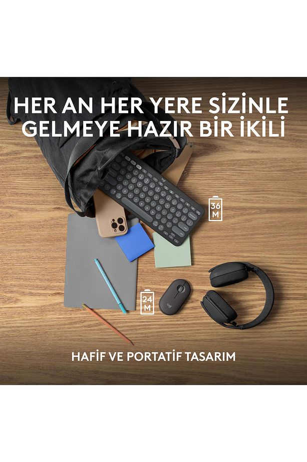 Pebble 2 Set Çoklu Cihaz Özellikli Sessiz Kablosuz Türkçe Q Klavye ve Mouse Seti - Siyah - 9