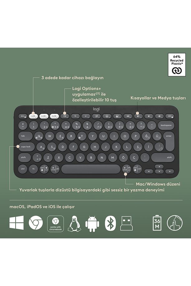 Pebble 2 Set Çoklu Cihaz Özellikli Sessiz Kablosuz Türkçe Q Klavye ve Mouse Seti - Siyah - 6