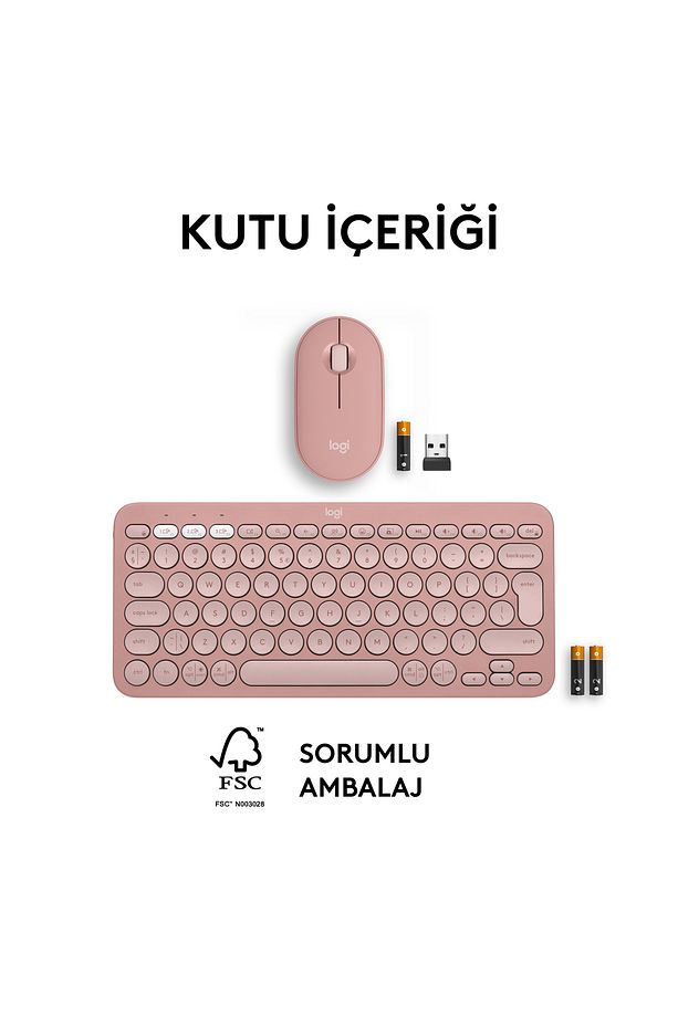 Pebble 2 Set Çoklu Cihaz Özellikli Sessiz Kablosuz Türkçe Q Klavye ve Mouse Seti - Pembe - 11