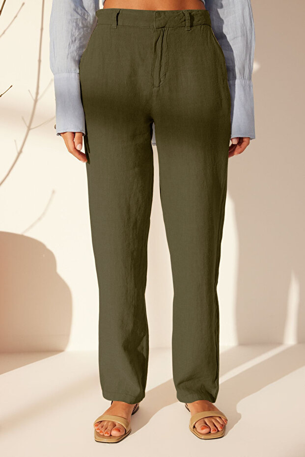 Haki %100 Keten Yüksek Bel Wide Leg Pantolon TWOSS24JE00246 - 9