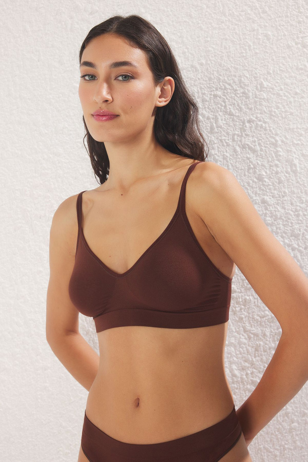 Ekru-Kahverengi 2'li Seamless/Dikişsiz Balensiz Kapsız Askılı Bralette Sütyen THMSS25SU00014 - 7