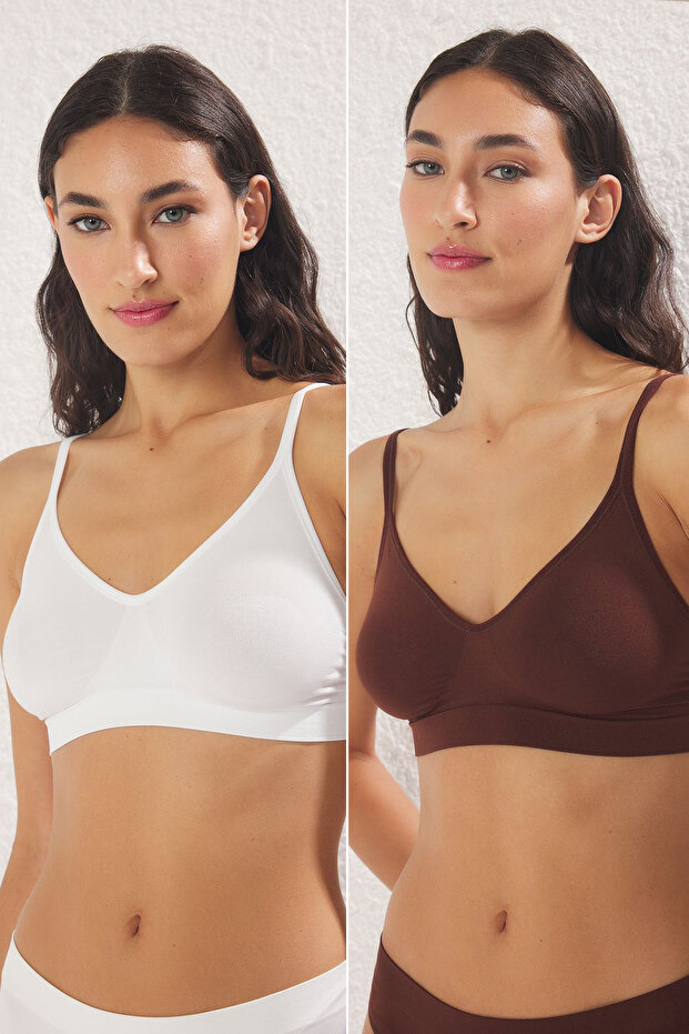 Ekru-Kahverengi 2'li Seamless/Dikişsiz Balensiz Kapsız Askılı Bralette Sütyen THMSS25SU00014 - 1