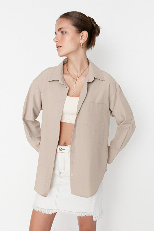 Koszula taupe z pojedynczą kieszenią typu Boyfriend/szeroka, bawełniana tkana koszula TWOAW20GO0115 - 8