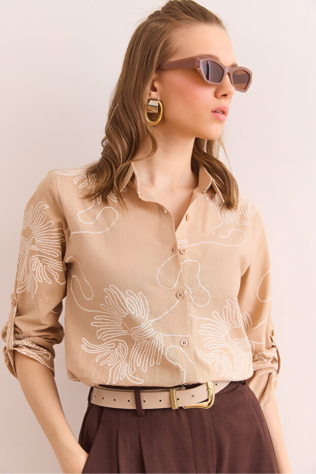 Women's Chain Beige Sleeve Fold Linen Shirt Gml- 19000825
