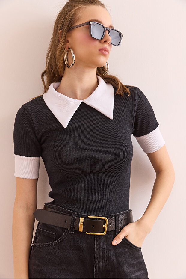 Women's Anthracite Shirt Collar Stretchy Cotton Blouse BLZ-19002869