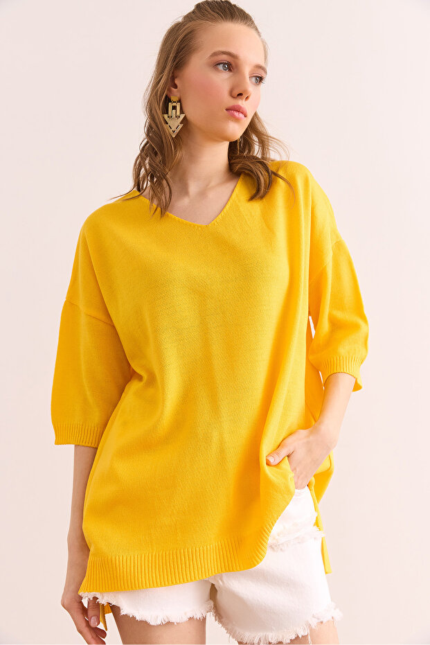 Women Yellow V Neck Short Sleeve Flowy Blouse Blz- 19002899