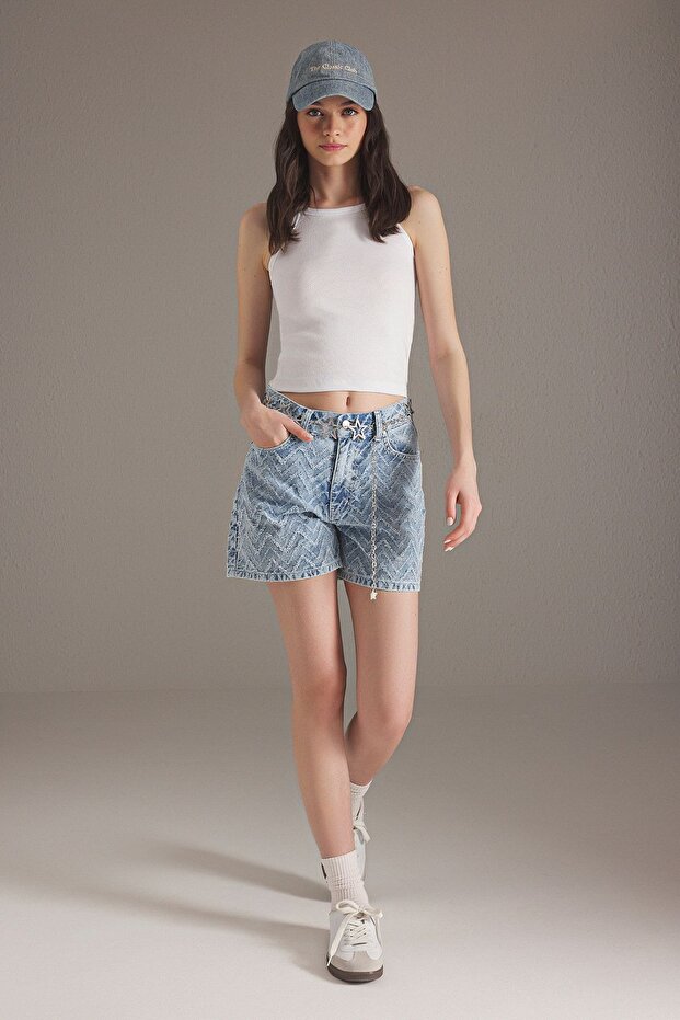 Açık Mavi Püskül Detaylı Yüksek Bel City Boy Denim Şort TWOSS25SR00145 - 2