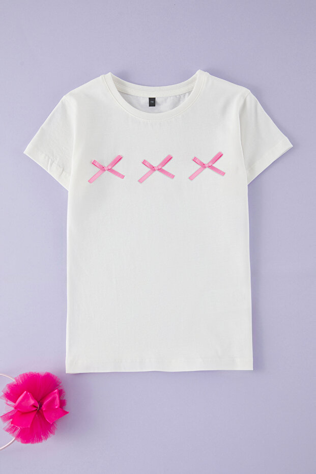Ekru Kız Çocuk %100 Pamuk Kurdele Detaylı Kısa Kol Örme T-Shirt TKDSS25TS00105 - 2