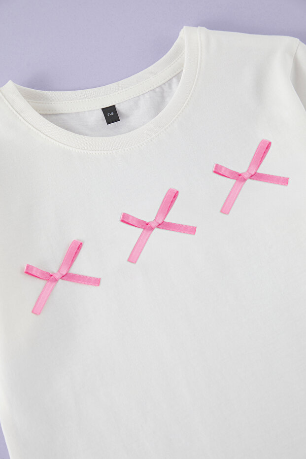 Ekru Kız Çocuk %100 Pamuk Kurdele Detaylı Kısa Kol Örme T-Shirt TKDSS25TS00105 - 3