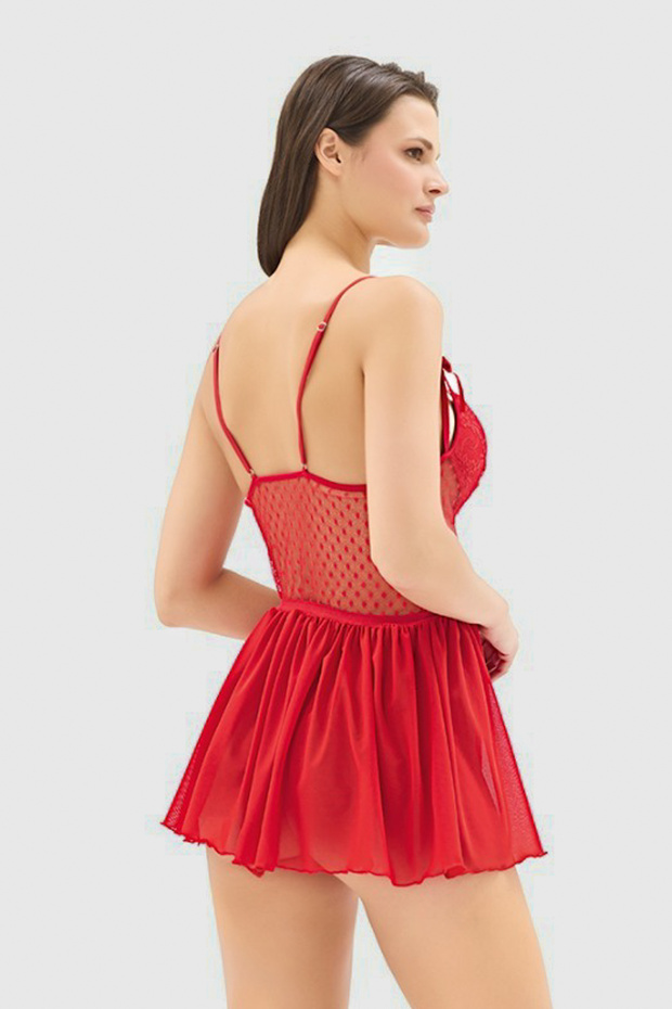 Kırmızı Dantel Kurdele/Fiyonklu ve Biyeli Külotlu Örme Babydoll/Fantezi Gecelik THMSS25CY00006 - 2