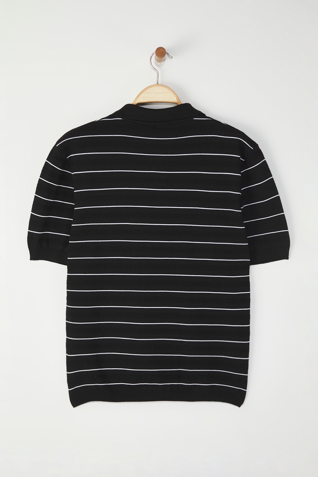 Siyah Regular/Normal Kesim Dokulu Çizgili Polo Yaka T-shirt TMNSS25PO00044 - 6