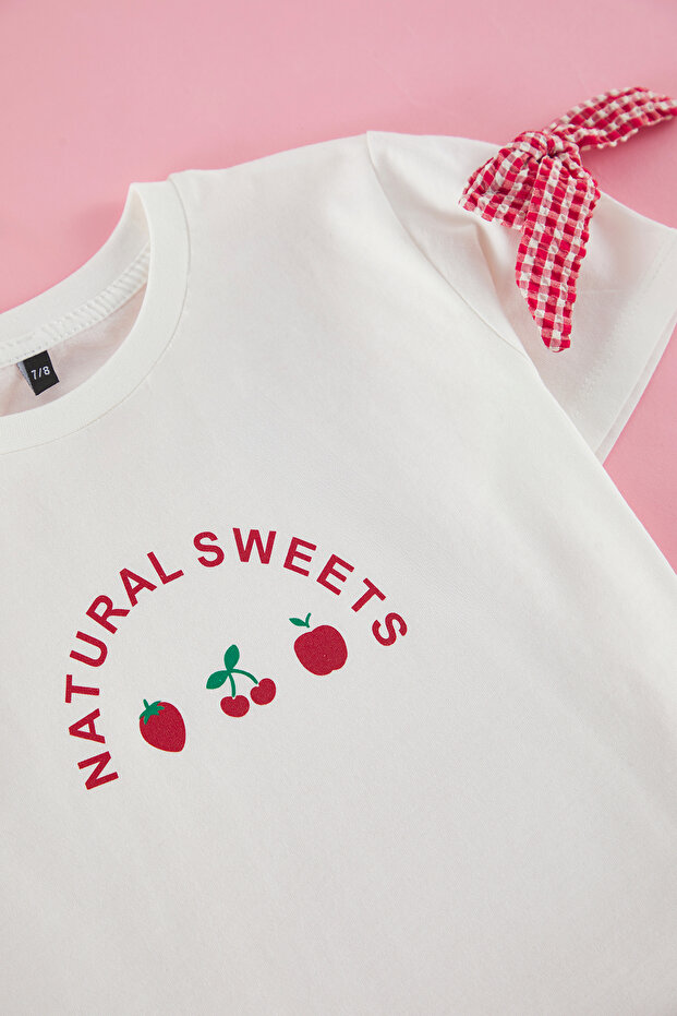 Ekru Kız Çocuk Pamuklu Pötikareli T-shirt-Etek Dokuma Alt-Üst Takım TKDSS25AU00122 - 2