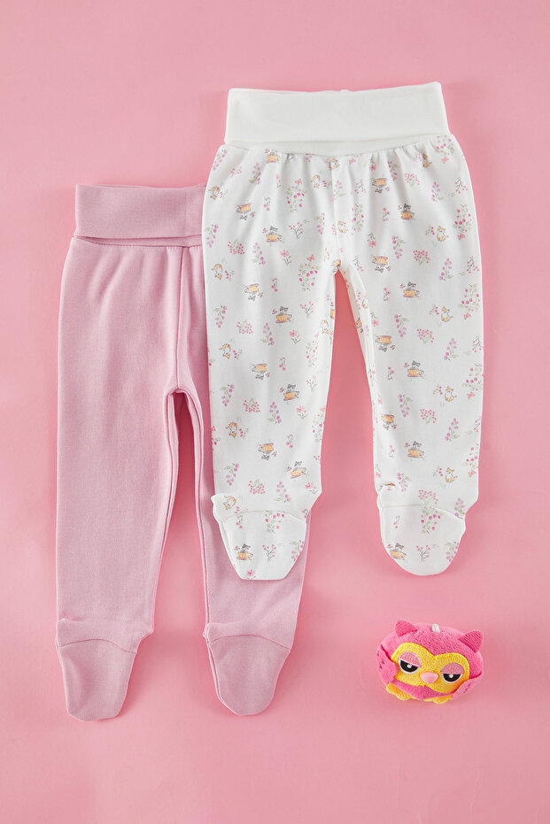 Ekru-Pembe 2'li Kız Bebek %100 Pamuk Baskılı Patikli Örme Pantolon TKDSS25PL00011 - 1
