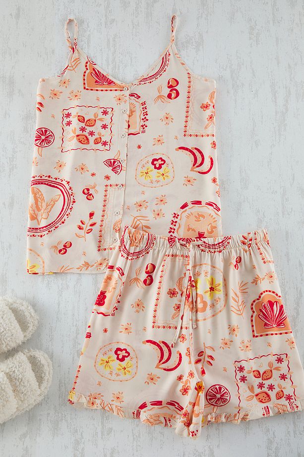 Kırmızı-Çok Renkli Meyve&Çiçek Desenli Viskon Dokuma Pijama Takımı TBBSS25AI00048 - 1