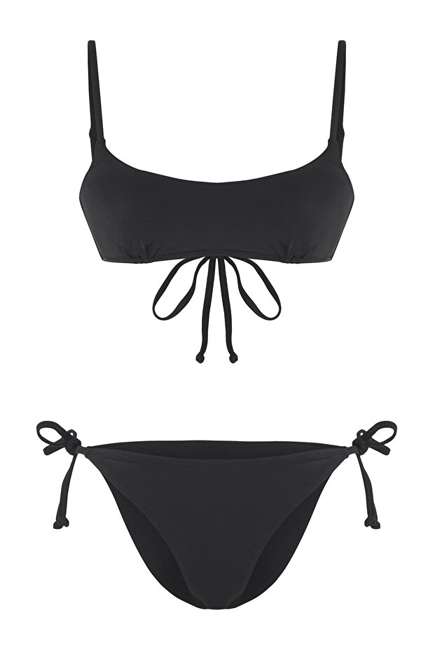 Siyah Simli Bralette Kaplı Regular Normal Bel Bikini Takımı TBESS25BT00103 - 4