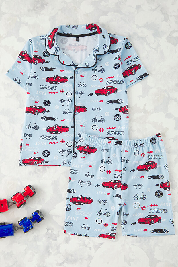 Bebe Mavisi Erkek Çocuk Pamuklu Araba Baskılı Örme Alt Üst Pijama Takımı TKDSS25PT00008 - 1