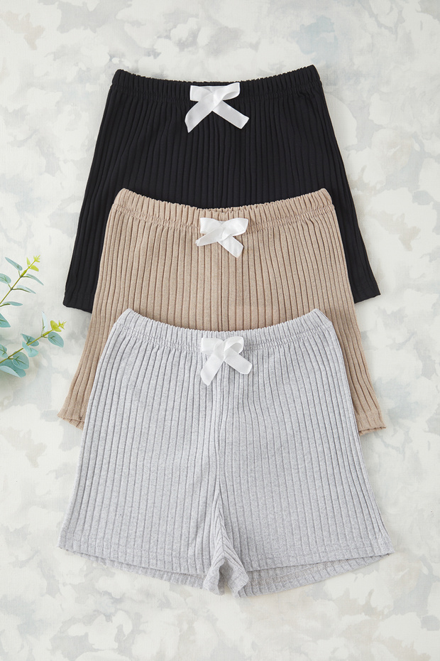 Siyah-Gri-Bej 3'lü Paket Pamuklu Kurdele/Fiyonklu Fitilli Örme Pijama Altı THMSS25PJ00044 - 3