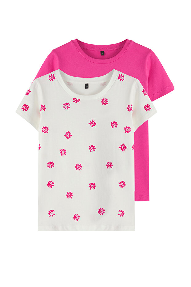 Fuşya-Ekru 2'li Kız Çocuk %100 Pamuk Çiçekli Kısa Kol Örme T-Shirt TKDSS25TS00092 - 1