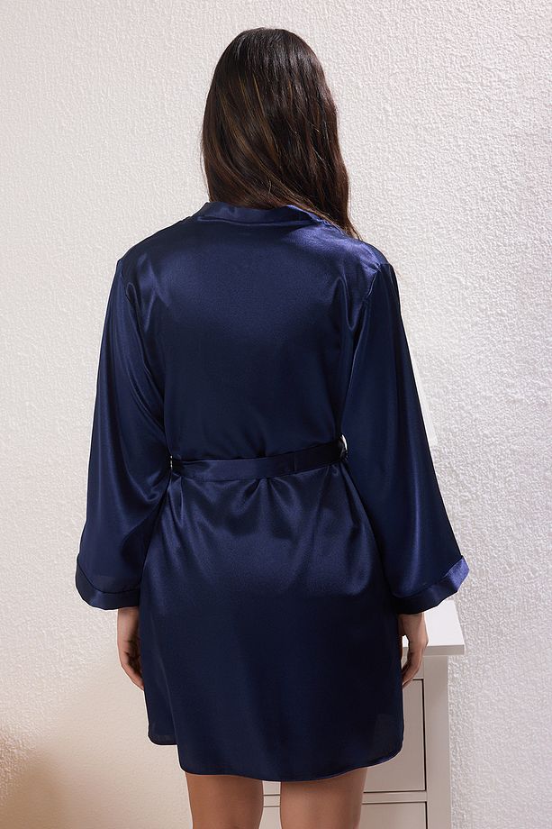 Lacivert 3'lü Paket Saten Dokuma Sabahlık + Pijama Takımı THMSS25PT00415 - 5
