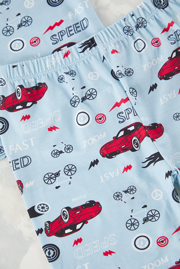 Bebe Mavisi Erkek Çocuk Pamuklu Araba Baskılı Örme Alt Üst Pijama Takımı TKDSS25PT00008 - 2