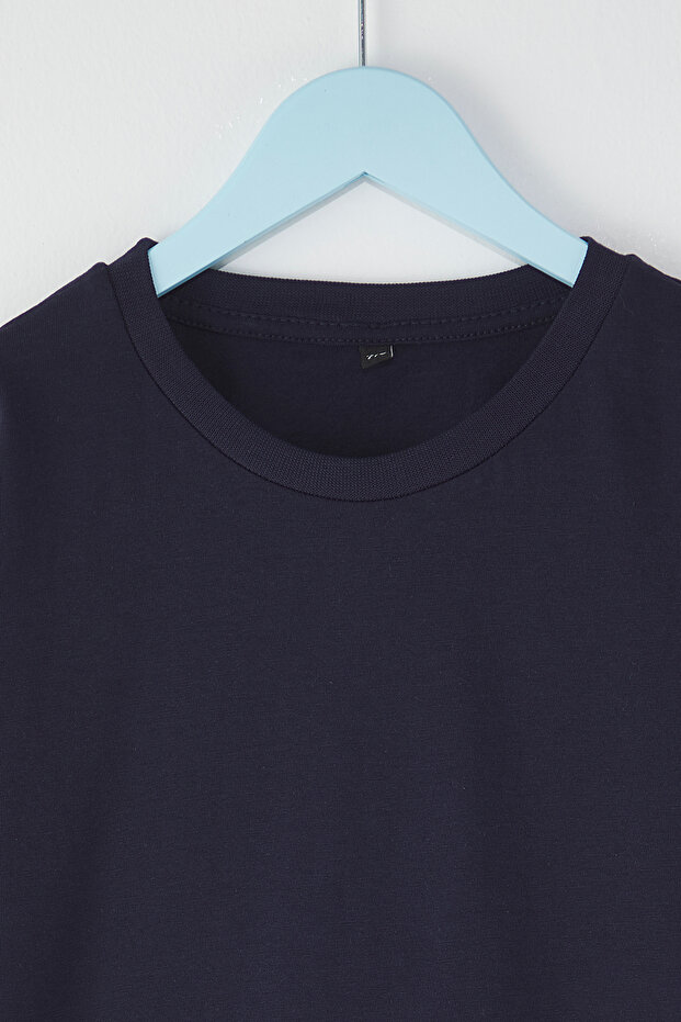 Lacivert-Mavi 2'li Erkek Çocuk Pamuklu Basic Oversize Kalıp Kısa Kol Örme T-Shirt TKDSS25TS00052 - 4