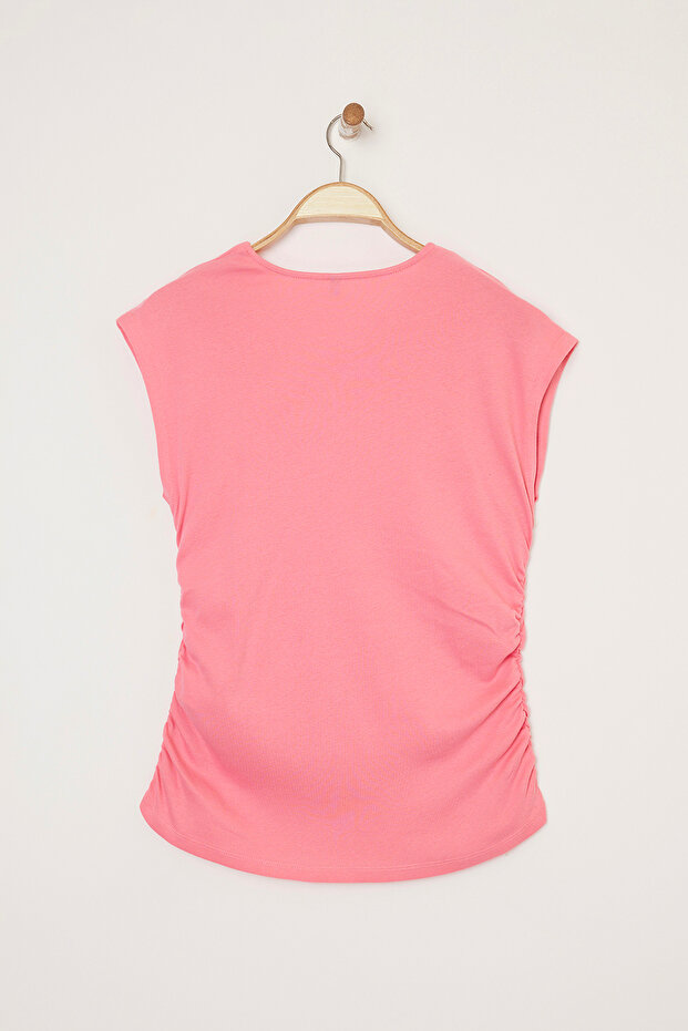 Pembe Yumuşak Kumaşlı Asimetrik Yaka %100 Pamuk Örme Büyük Beden Bluz TBBSS25AF00002 - 7