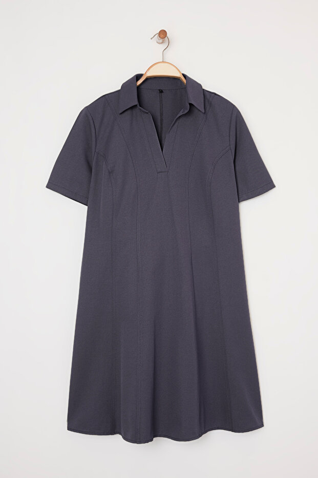 Antrasit Gabardin Dokuma Mini Büyük Beden Elbise TBBSS25AH00205 - 5