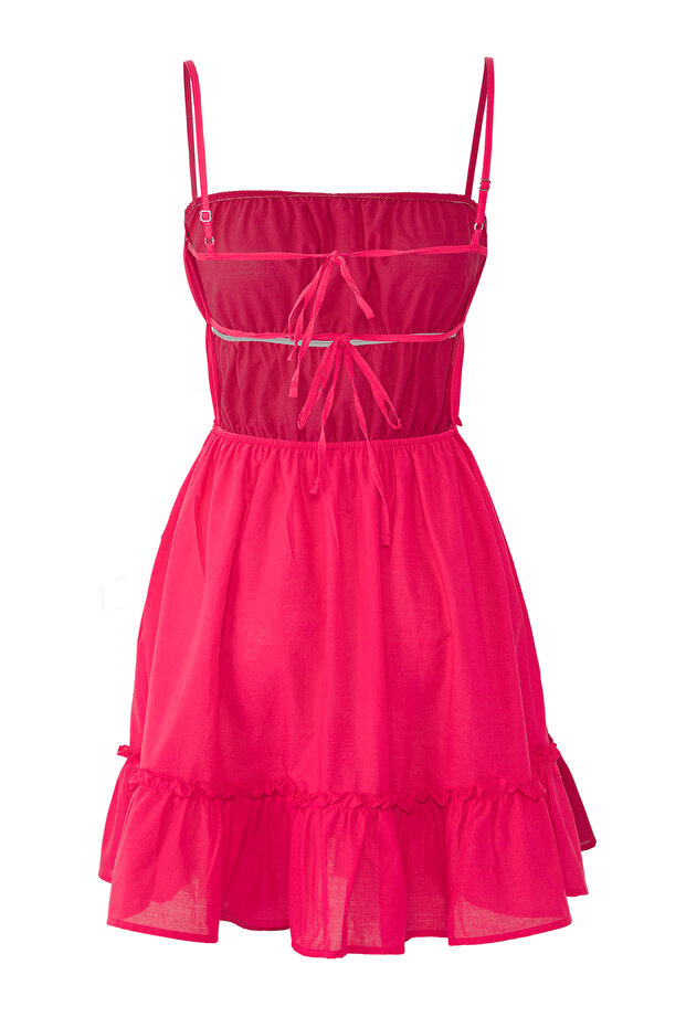Pembe Dokuma Volanlı %100 Pamuk Plaj Mini Elbise TBESS25EL00120 - 6