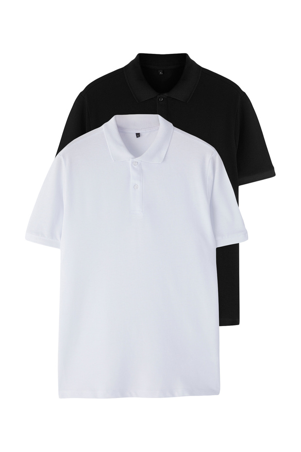 Siyah-Beyaz 2'li Regular/Normal Kesim %100 Pamuklu Polo Yaka T-shirt - 2