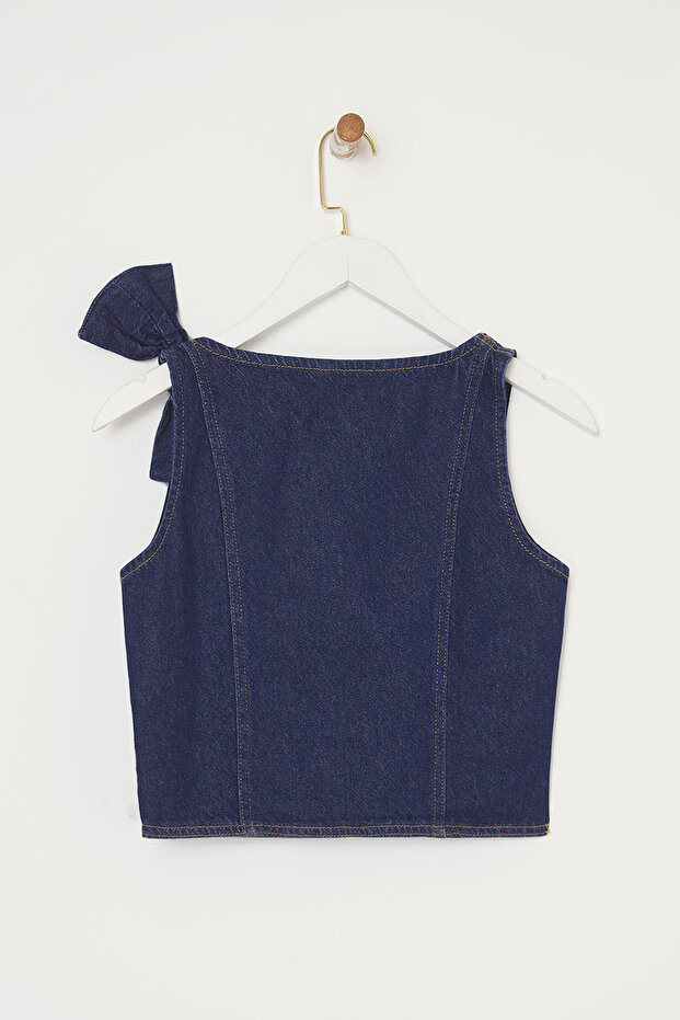 Koyu Mavi Kurdele/Fiyonk Detaylı Crop Denim Bluz TWOSS25BZ00476 - 6