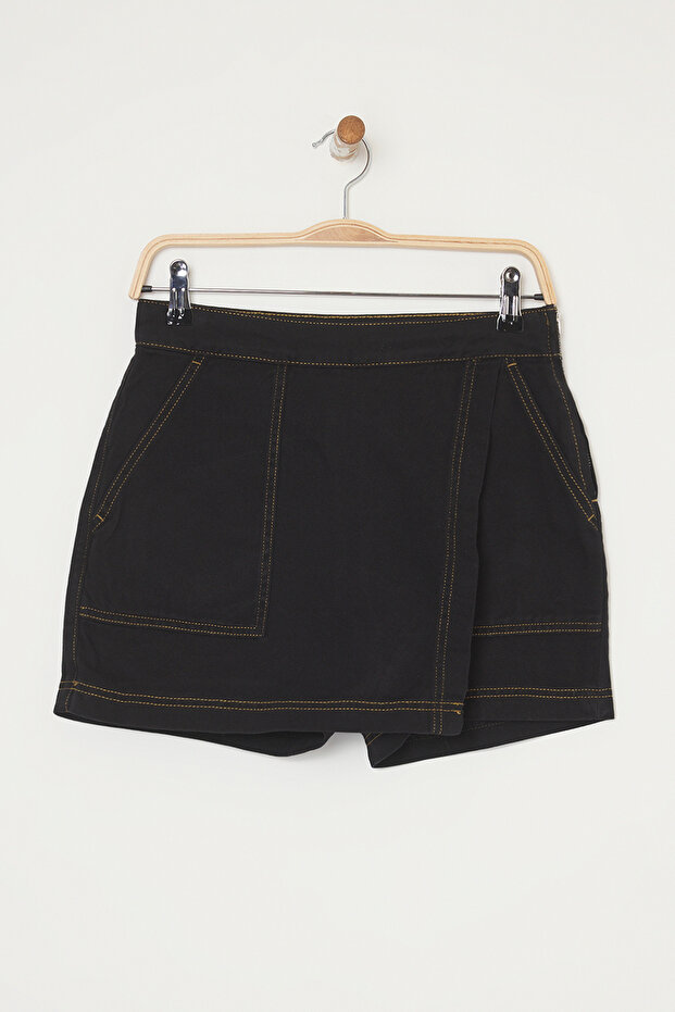 Siyah Kruvaze Normal Bel Mini Denim Şort Etek TWOSS25SR00046 - 6