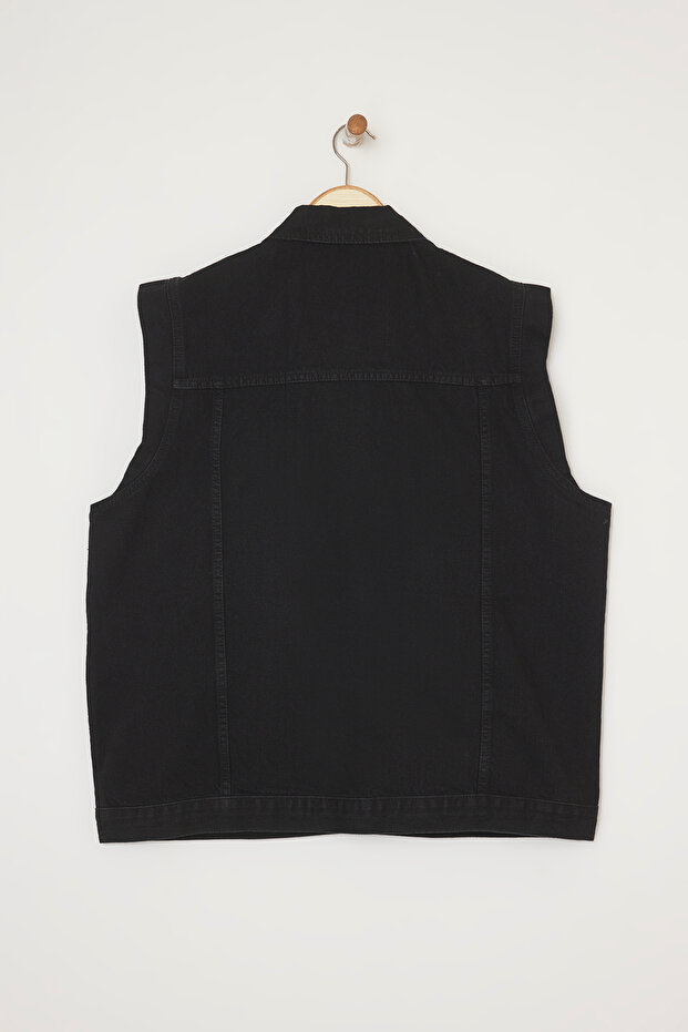 Siyah %100 Pamuk Non-Stretch Oversize/Genim Kalıp Büyük Beden Denim Yelek TBBSS24BH00004 - 7