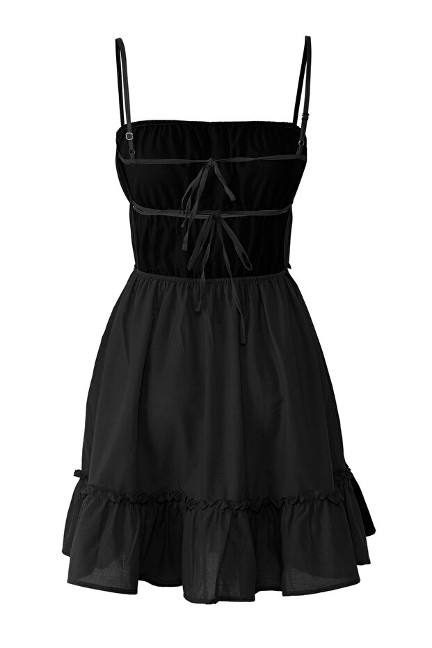 Siyah Dokuma Volanlı %100 Pamuk Plaj Mini Elbise TBESS25EL00120 - 6