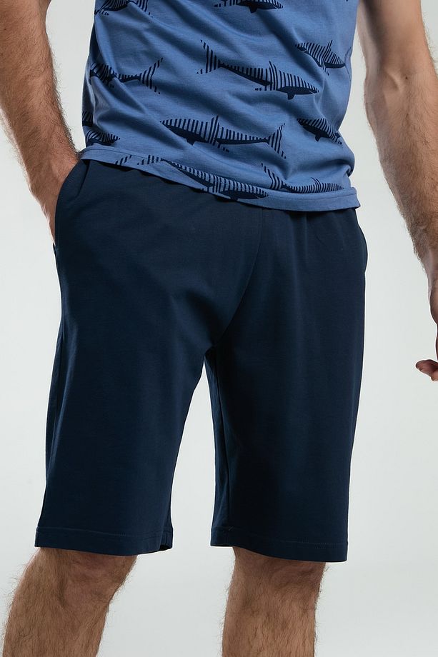 Erkek Mavi Shark Desenli Kısa Kol Şort Pijama Takımı (Baba-Oğul Takım Yapılabilir) - 7
