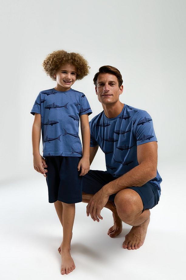 Erkek Mavi Shark Desenli Kısa Kol Şort Pijama Takımı (Baba-Oğul Takım Yapılabilir) - 1