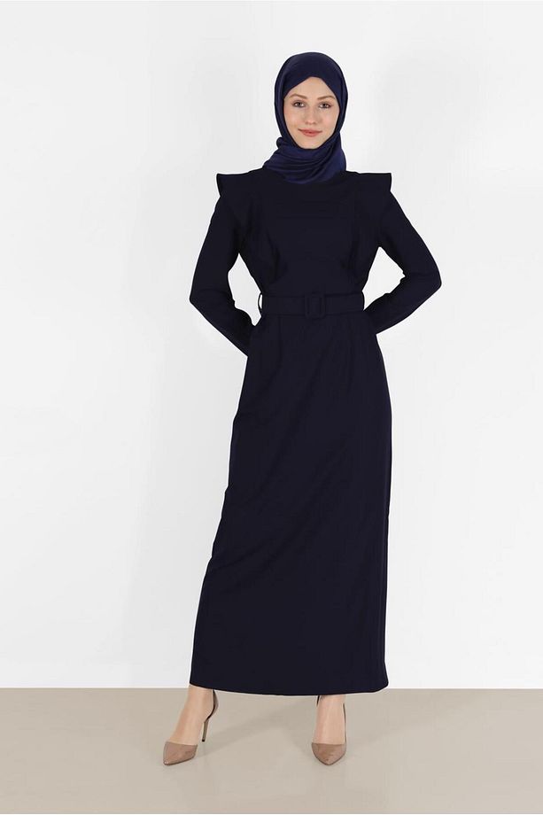 VATKA GÖRÜNÜMLÜ KEMERLİ ELBİSE 42367 - 1