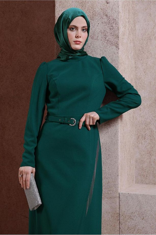 PÜSKÜL DETAYLI KREP ELBİSE 44180 - 1