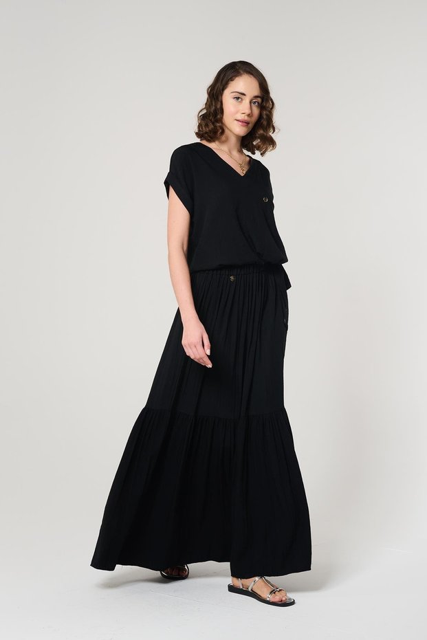 Black Color Wrinkled Look Women's Long Loose and Drawstring Skirt