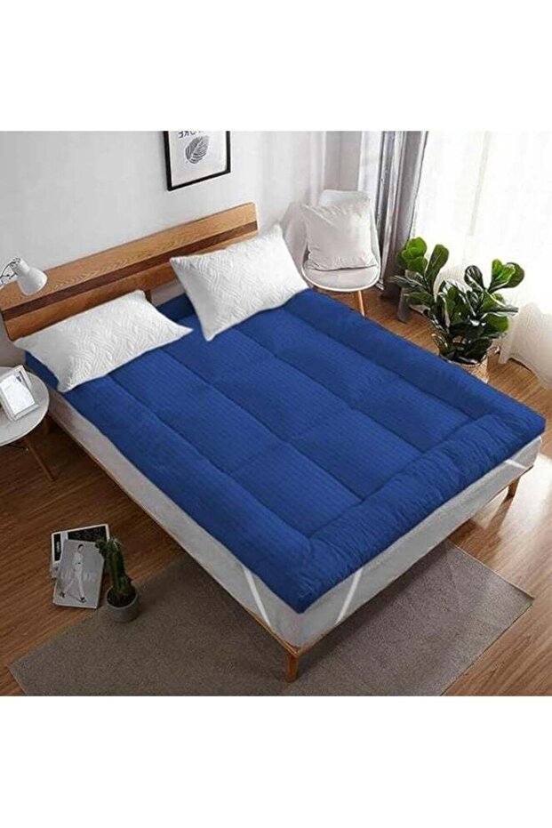 HOTEL QUALITY BLUE STRIPE MATTRESS TOPPER 200 X 200 X 10 CM WITH FIBER FILLING