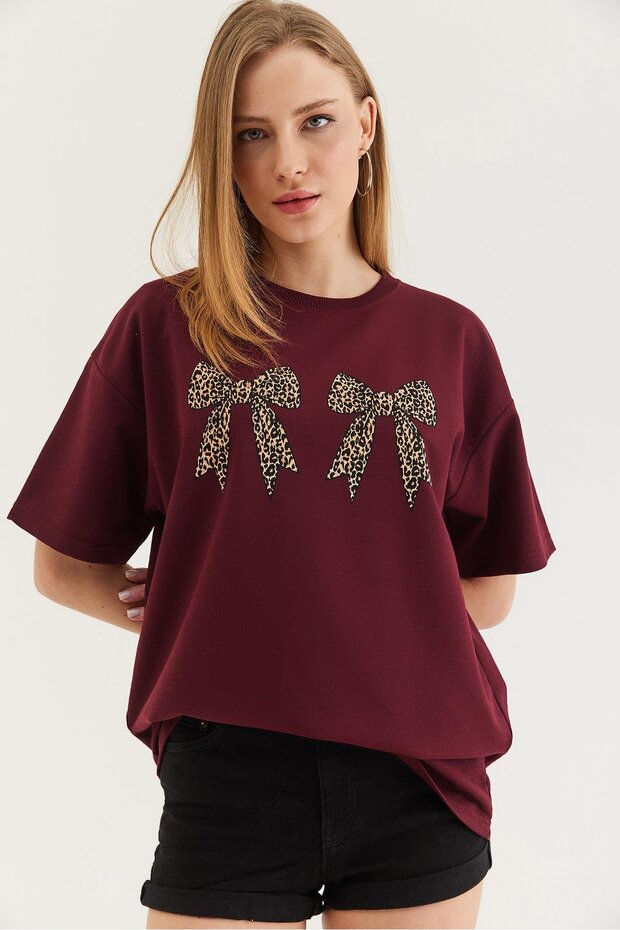 Kurdele Baskı Detaylı Basic T-Shirt Bordo - 3