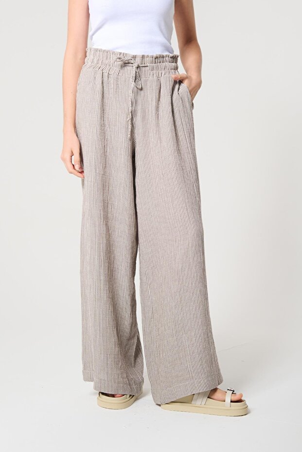 Brown Striped 100% Cotton Women's Loose Long Pants