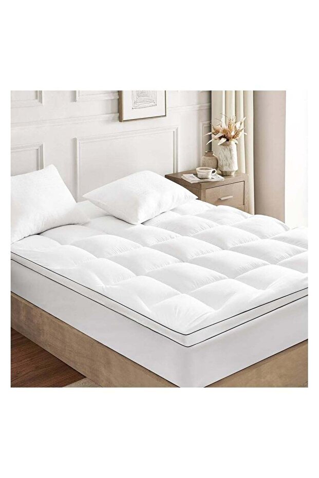 200 x 200 x 7 CM HOTEL STYLE WHITE COTTON MATTRESS TOPPER WITH BLACK PIPING